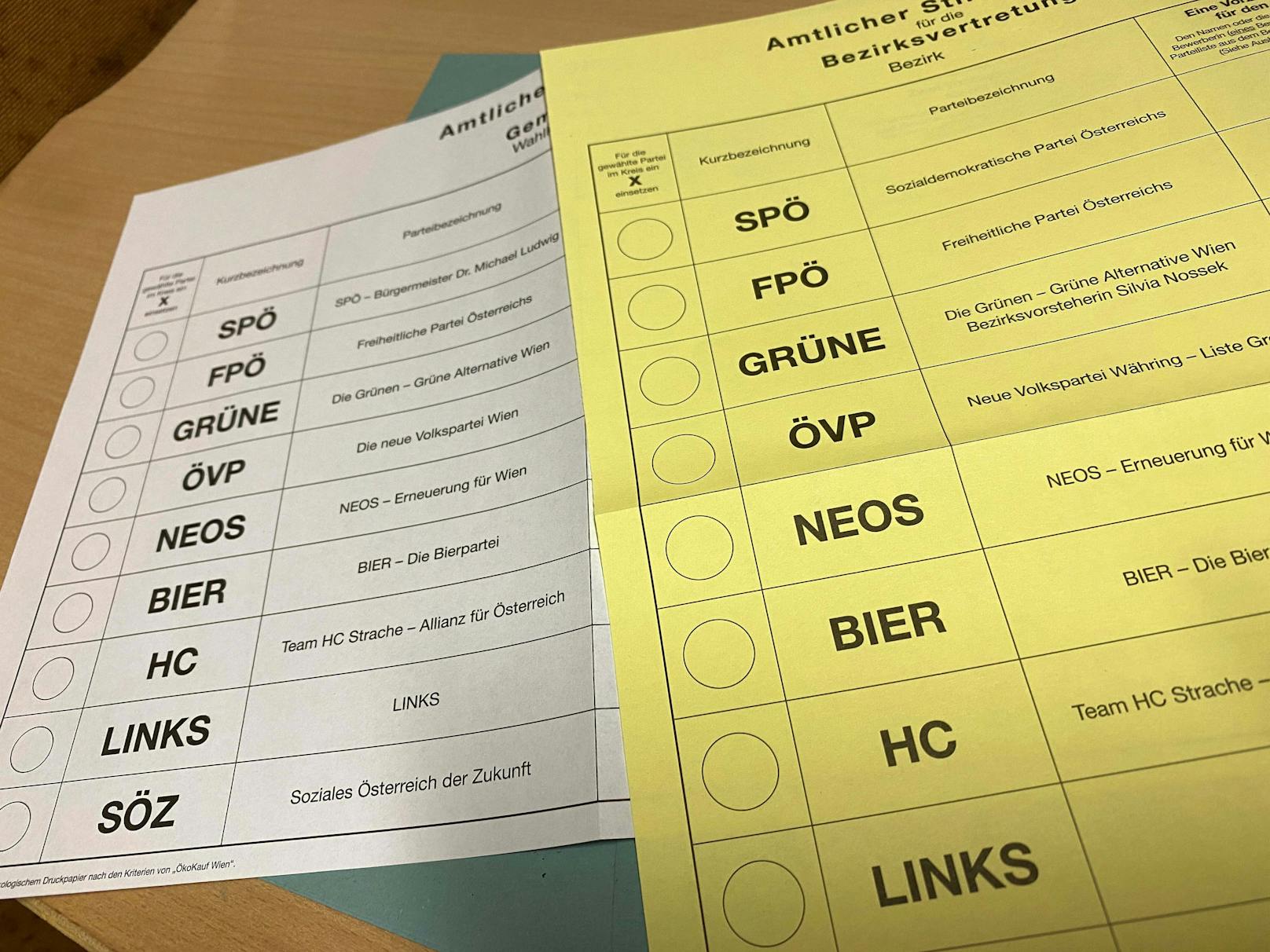 Wien-weit kandidieren SPÖ, FPÖ, Grüne, ÖVP, NEOS, die Bierpartei, das Team HC Strache, Links und SÖZ.