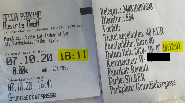Das Gratis-Parkticket war bis 18:11 Uhr gültig, um 18:12 Uhr wurde die Strafe ausgestellt.