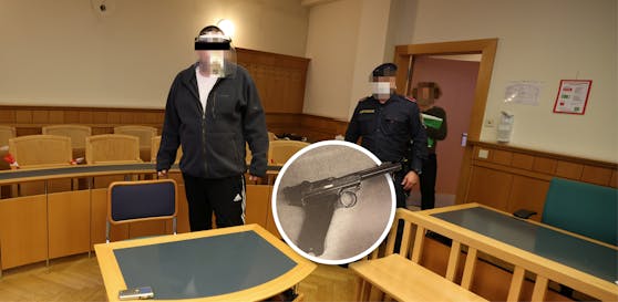 Der Angeklagte (l.) und ein Foto seiner Waffe.