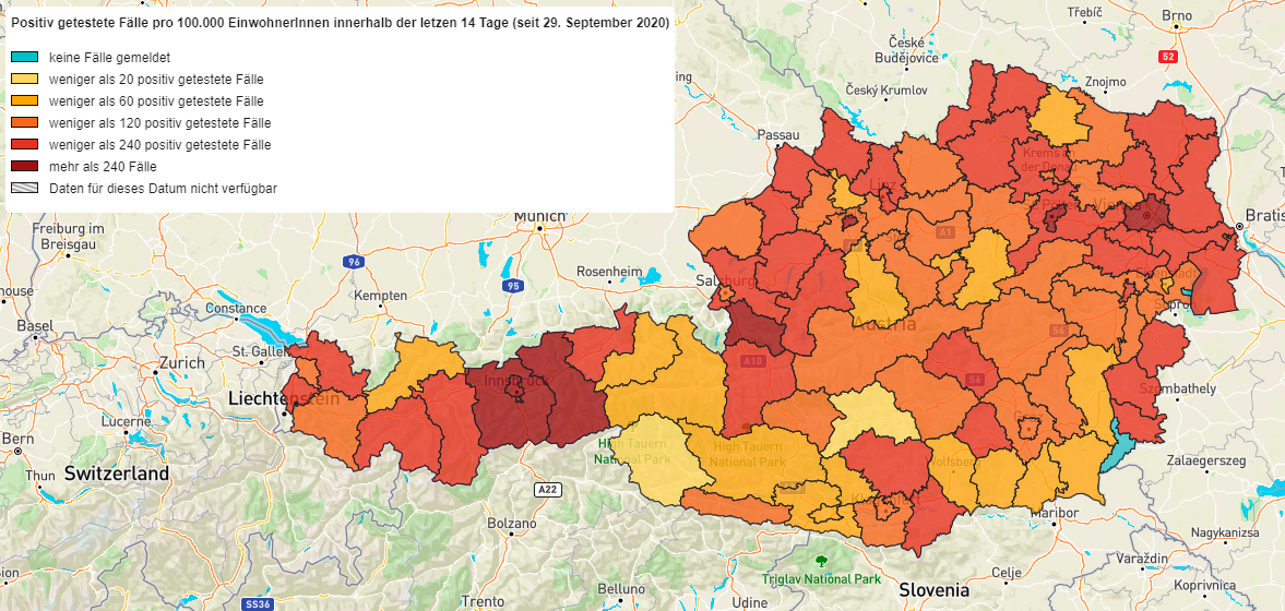 CSH-Ampel der positiv getesteten Fälle pro 100.000 EinwohnerInnen innerhalb der letzten 14 Tage