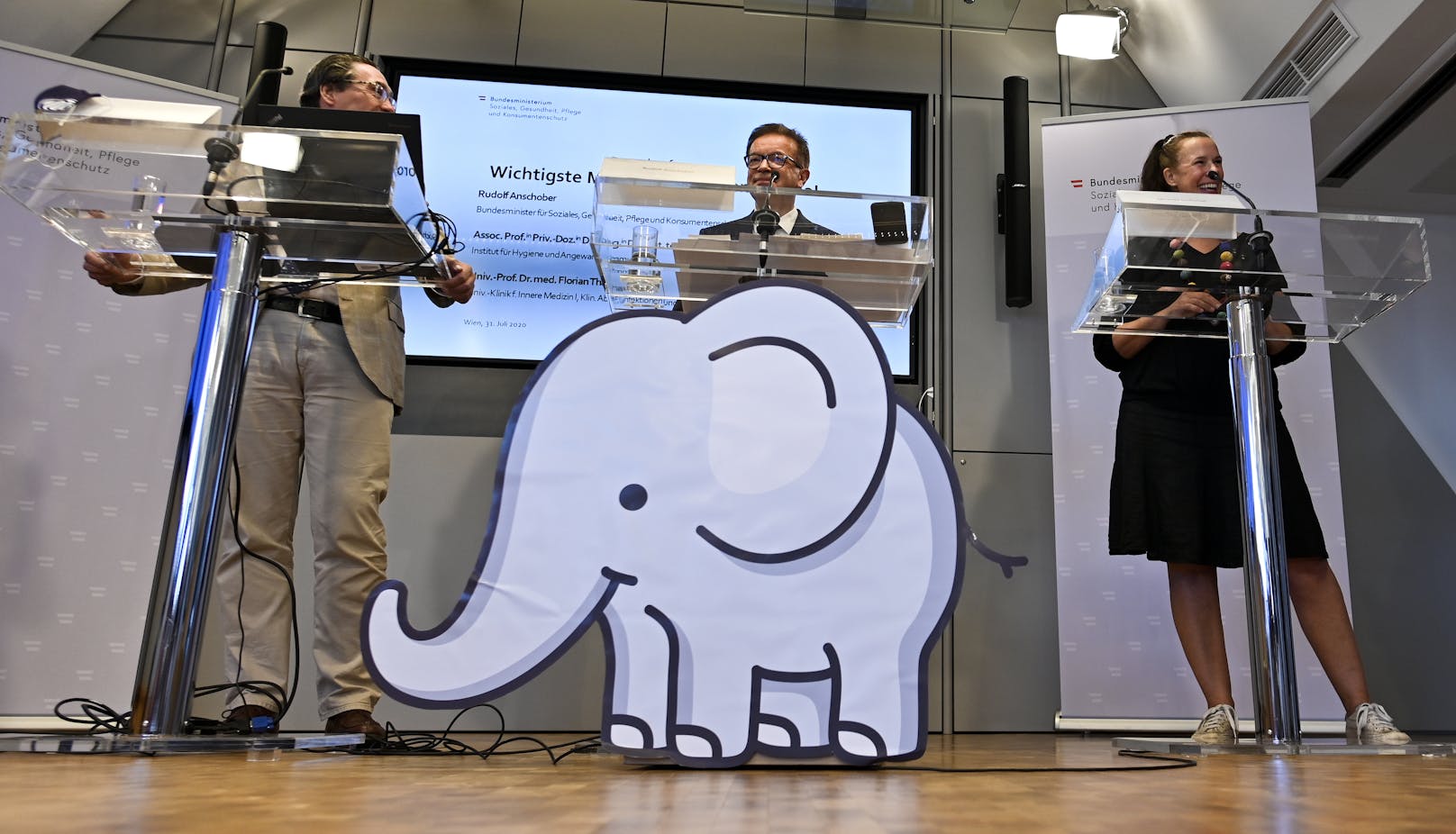 Anschober bei einer Pressekonferenz mit Miranda Suchomel, Florian Thalhammer und dem Baby-Elefanten