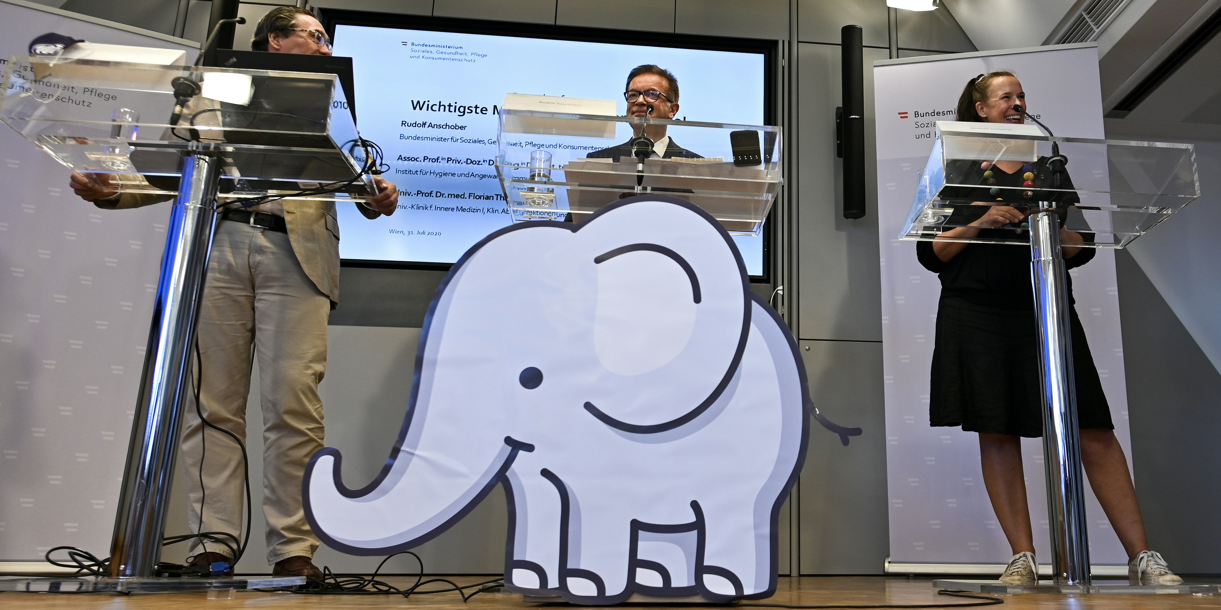 Anschober bei einer Pressekonferenz mit Miranda Suchomel, Florian Thalhammer und dem Baby-Elefanten