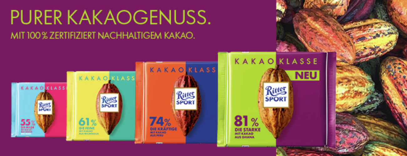 Ritter Sport Sorte <em>Kakao-Klasse</em> hat einen&nbsp;Kakaoanteil von 55% bis 81%&nbsp;