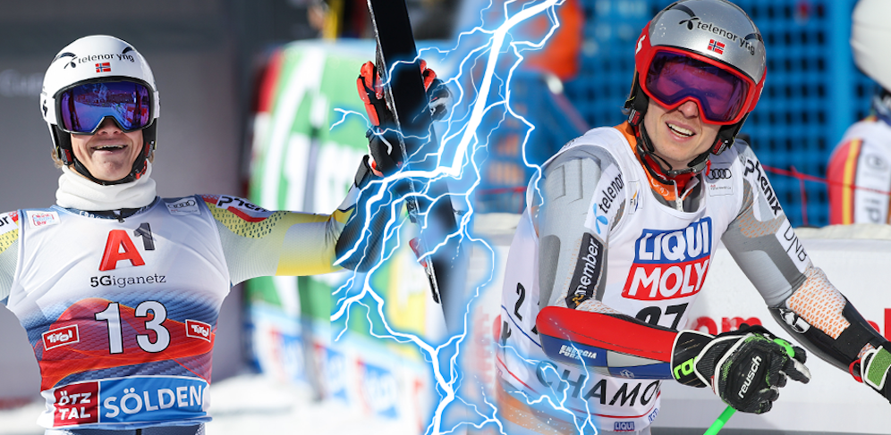 Lucas Braathen greift Henrik Kristoffersen an.
