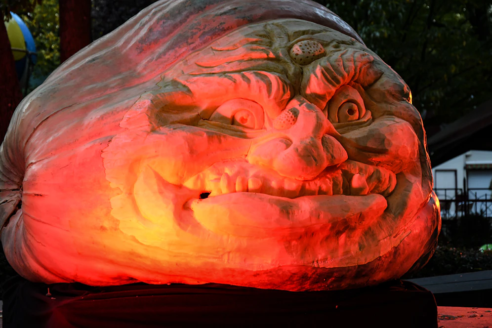 Der Riesenkürbis sorgt nun mit Halloween-Fratze im Familypark St. Margarethen für eine gruselige Atmosphäre. 