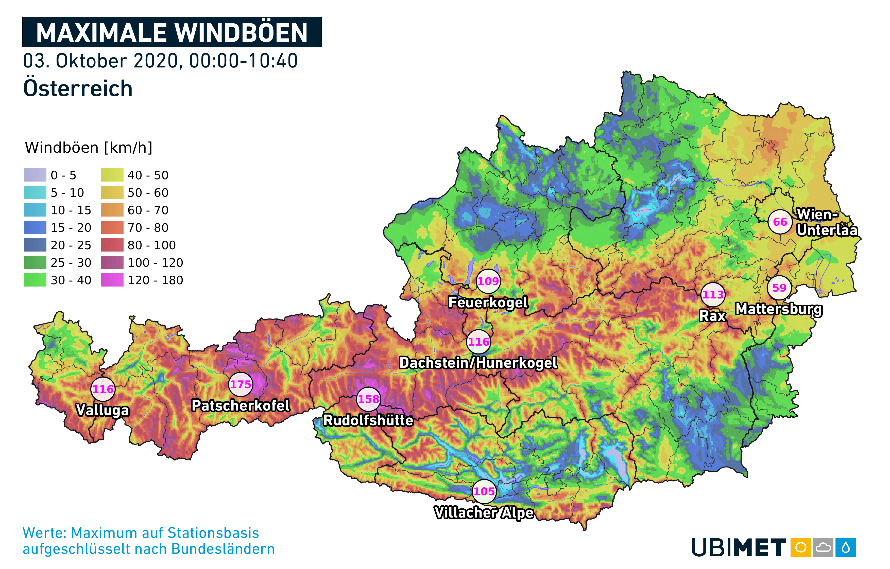 Windspitzen in Österreich am Samstag.