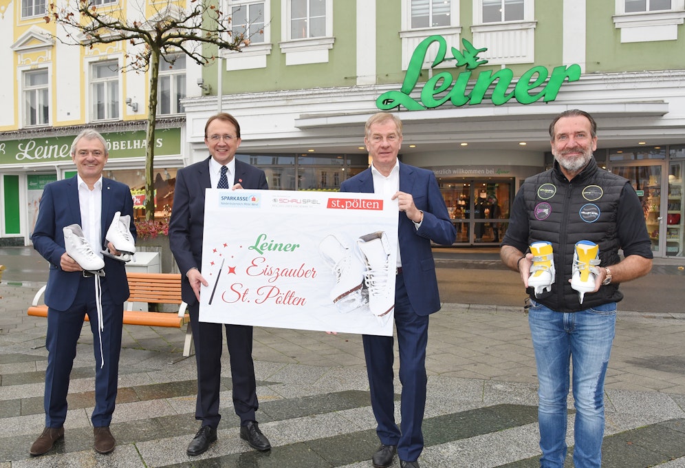 Helge Haslinger von der Sparkasse NÖ Mitte West, Bürgermeister Matthias Stadler, Leiner-CEO Reinhold Gütebier und Otto Raimitz vom 