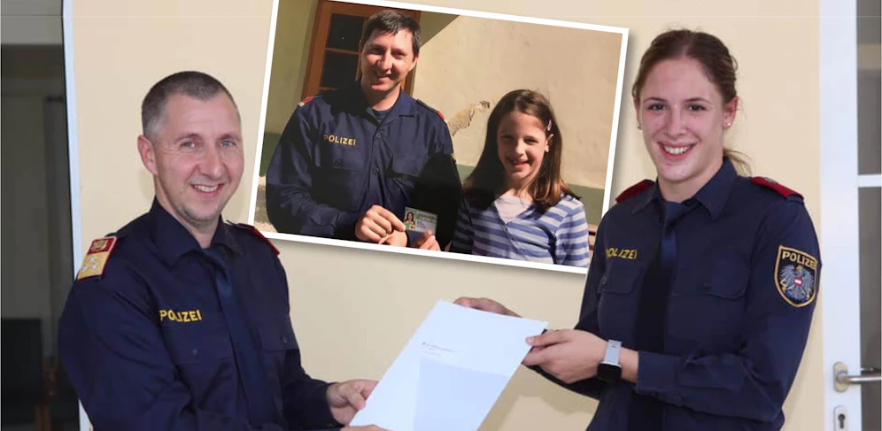 Karl Sternberger (Leiter der Polizeischule Linz) überreichte Mariella das Polizei-Abschlusszeugnis. Vor 12 Jahren gabs von ihm bereits den Radfahrführerschein.