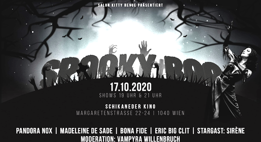 Die <em>Spooky Boo</em>-Aufführungen der <strong>Salon Kitty Revue</strong> finden am <strong>17. Oktober 2020</strong> jeweils um <strong>19.00 Uhr</strong> und um <strong>21.00 Uhr</strong> im Schikaneder Kino statt.