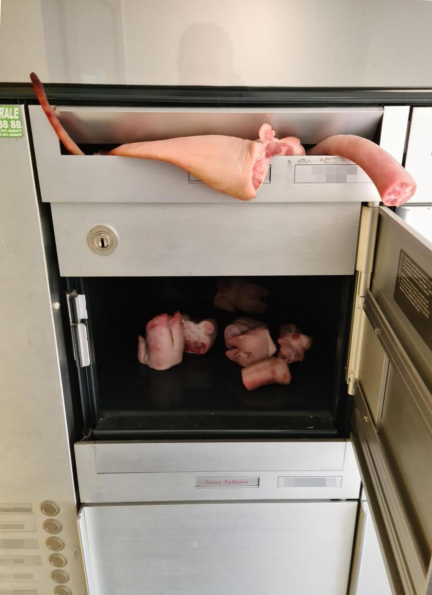 Am 9. Oktober haben Unbekannte bei einem Mehrfamilienhaus in Zürich-Schwamendingen Teile eines Schweins in einen Briefkasten gelegt.