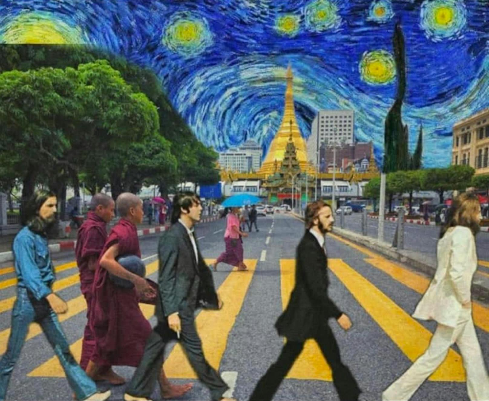 <em>Die Beatles</em> haben ihr "Abbey Road"-Cover hinter sich gelassen und nutzen die Zeit für einen Spaziergang unter <em>Van Goughs</em> Himmel.<br>