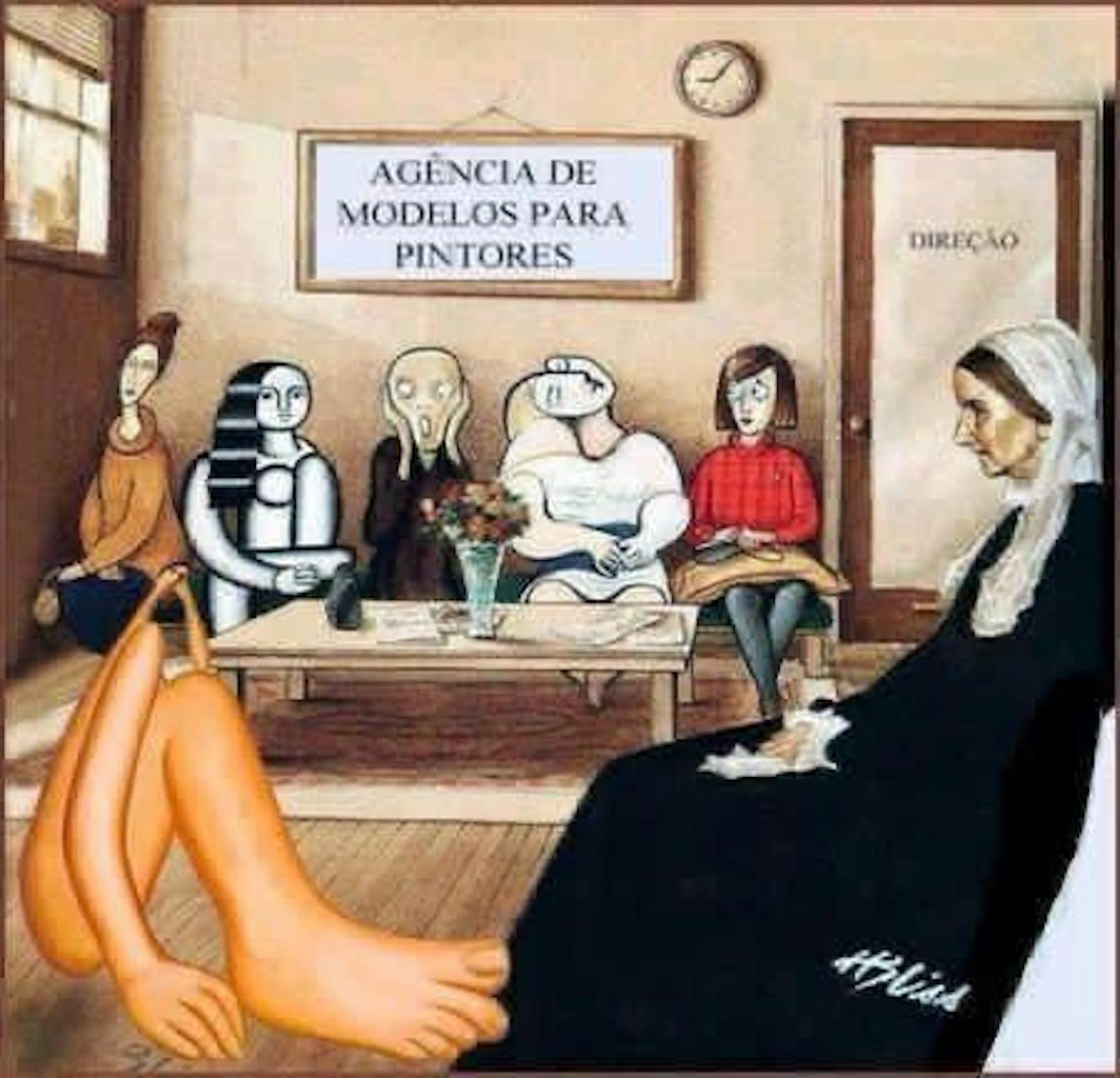 <em>"Der Schrei" von Edvard Munch</em> (3.v.li.) ist auf der Suche nach Arbeit sitzt mit anderen Kunstwerken im Wartezimmer einer Modelagentur.<br>