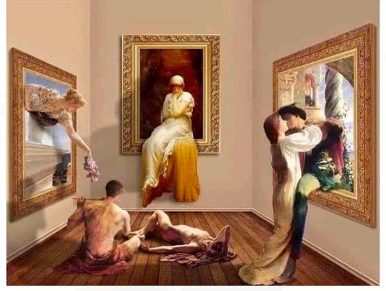 Wenn keiner hinschaut, fällt die Kunst schon mal aus dem Rahmen: Ungestört dürfen sich Dicksees "Romeo und Julia" (re.) ihrer Liebe hingeben, während die Pforten der Museen für die Dauer des Lockdowns ein weiteres Mal geschlossen werden.