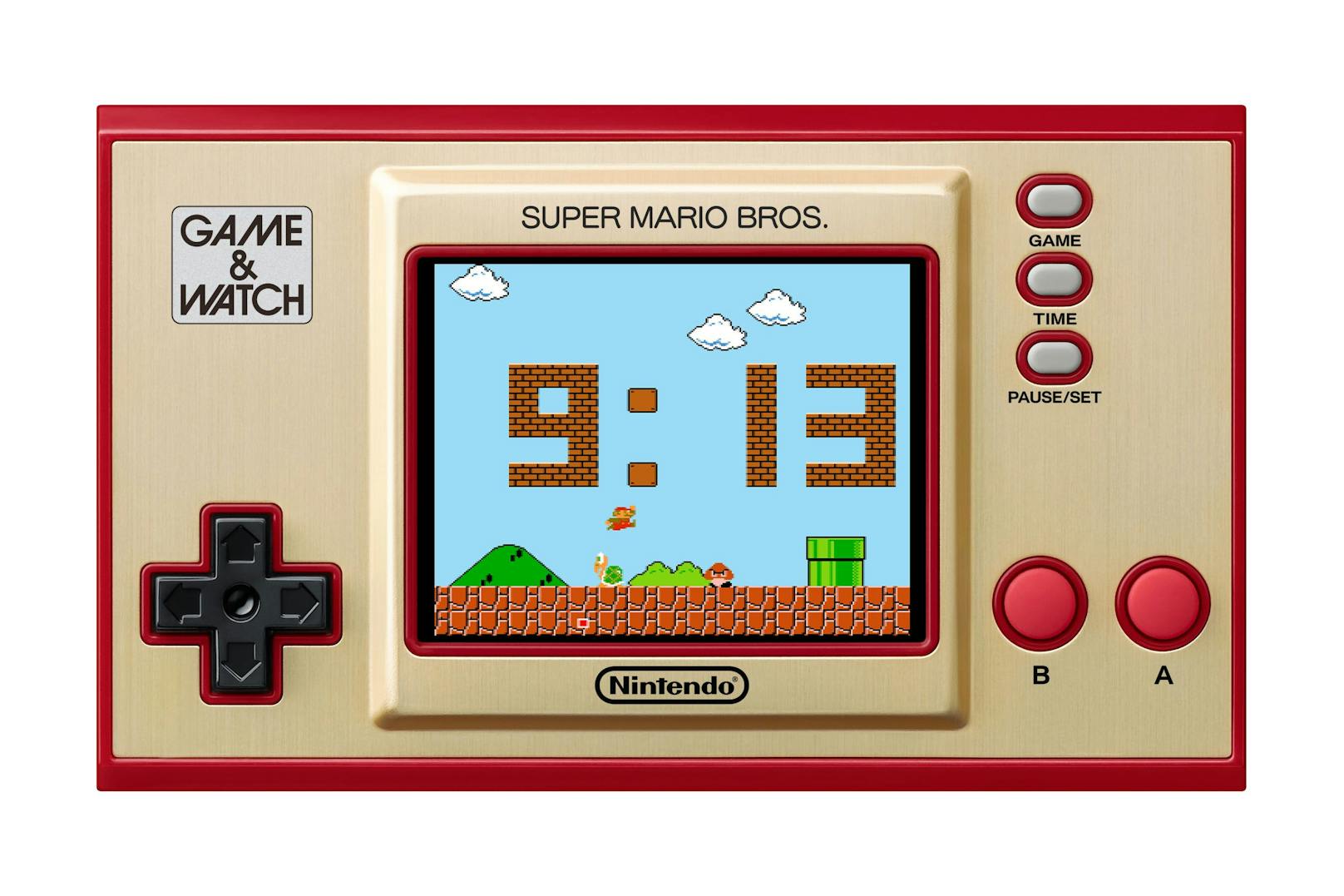 Game &amp; Watch enthielt auch immer eine Digitaluhr. 2020 ist diese deutlich raffinierter als bei den Originalen. Die Uhrzeit  wird in "Mario"-Grafik mit Ziegelsteinen präsentiert, die jede Minute von Mario (und manchmal helfenden Yoshis) geändert wird.