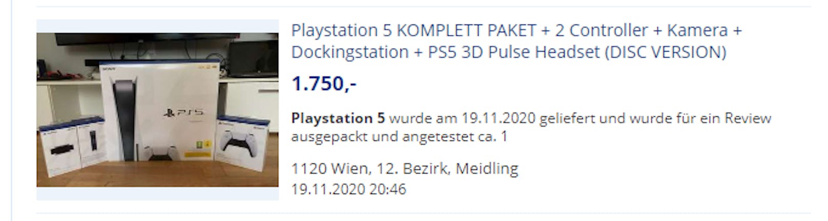1.750 Euro verlangt ein Wiener für sein PlayStation 5 Komplettpaket