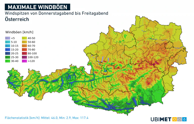 Modellprognose der Windspitzen von Donnerstagabend bis Freitagabend.