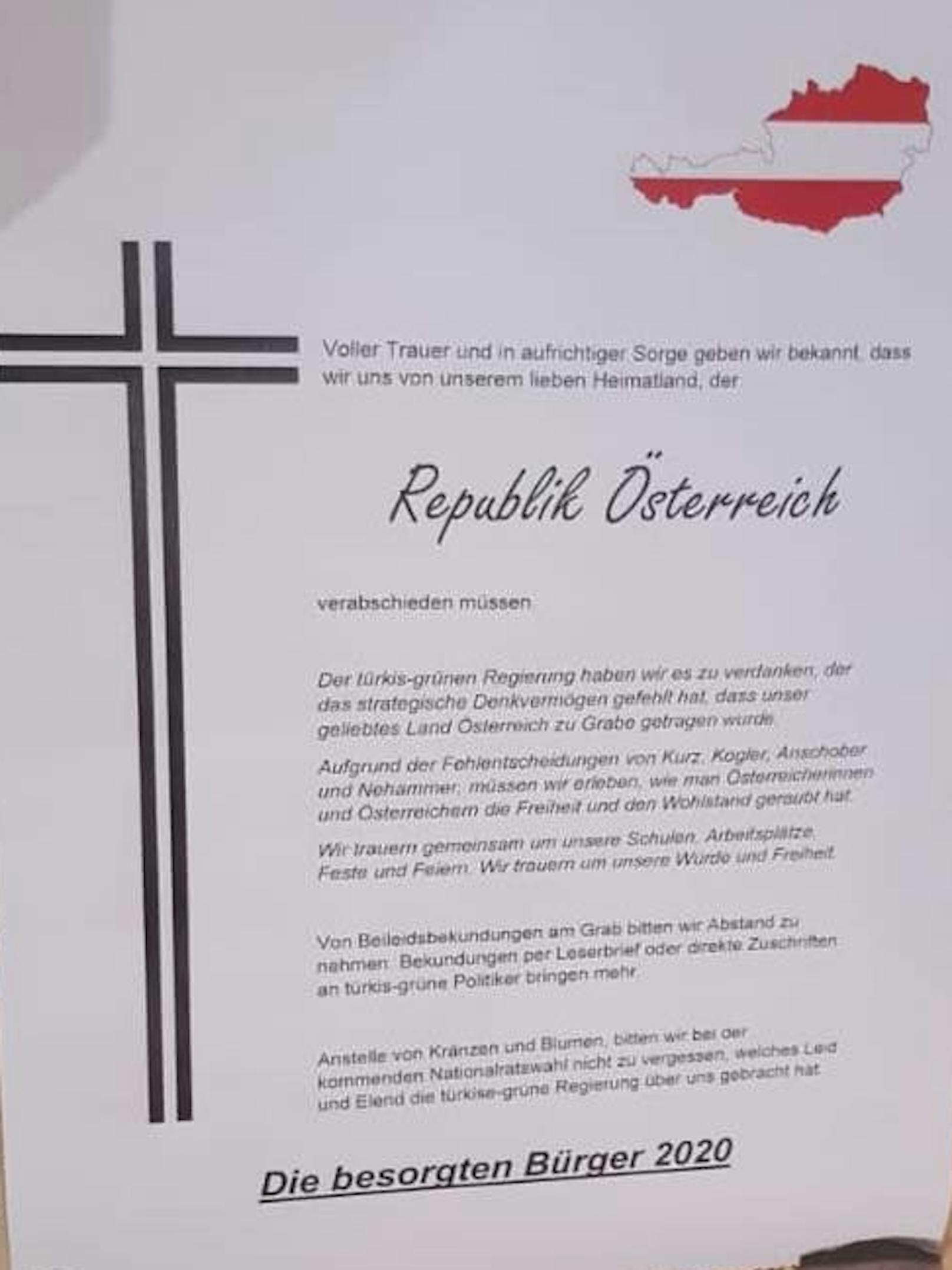 Der Partezettel der Republik Österreich wurde auch öffentlich ausgehängt.