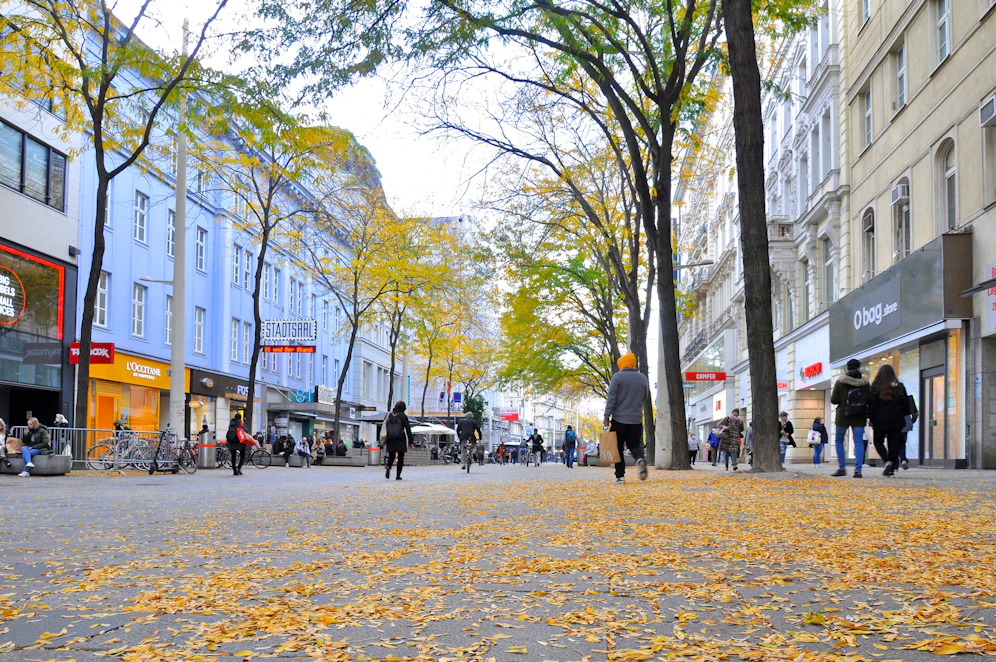 Die herbstliche Mariahilfer Straße in Wien.
