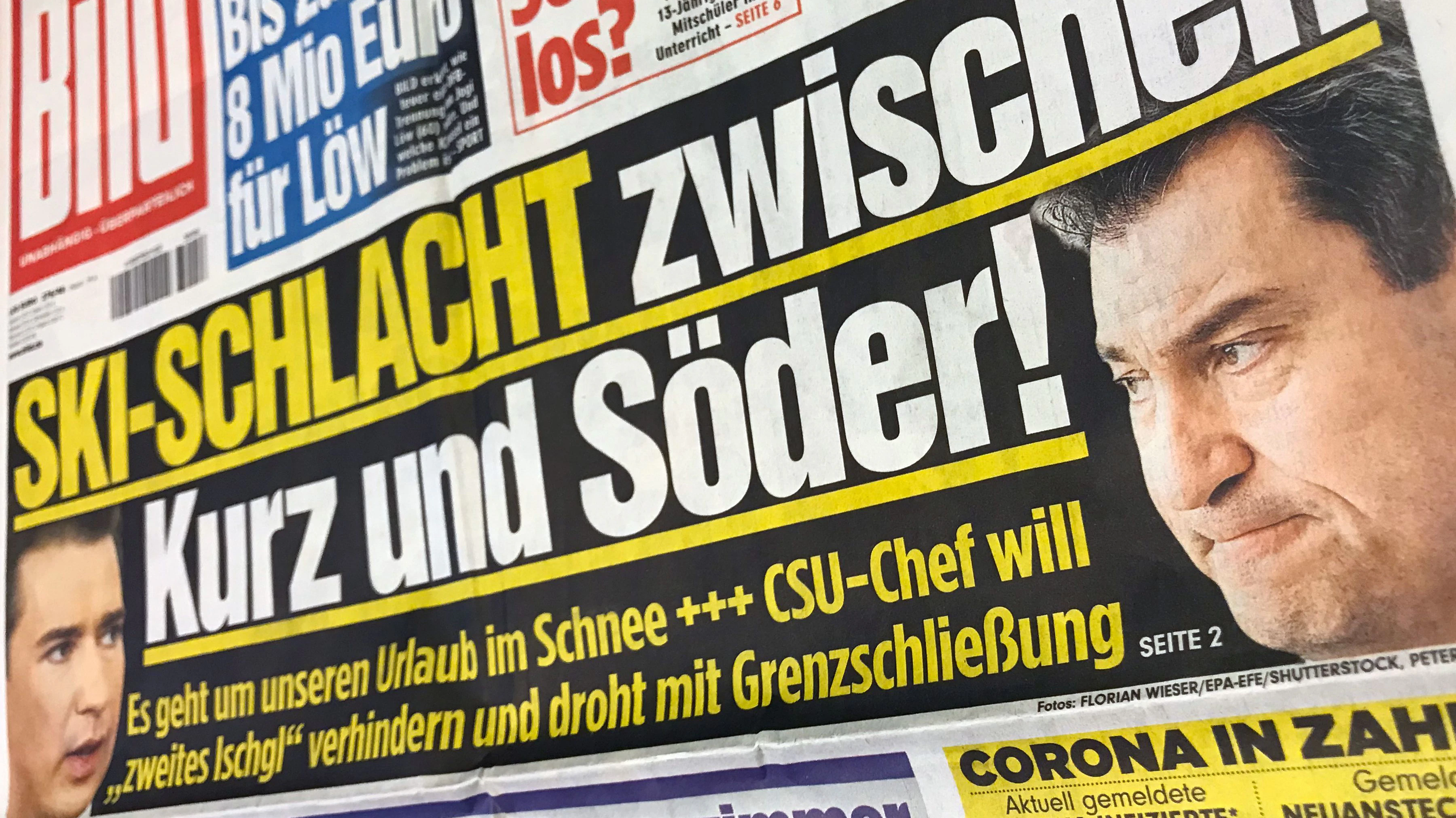 "Ski-Schlacht zwischen Kurz und Söder", titelt die deutsche "Bild".