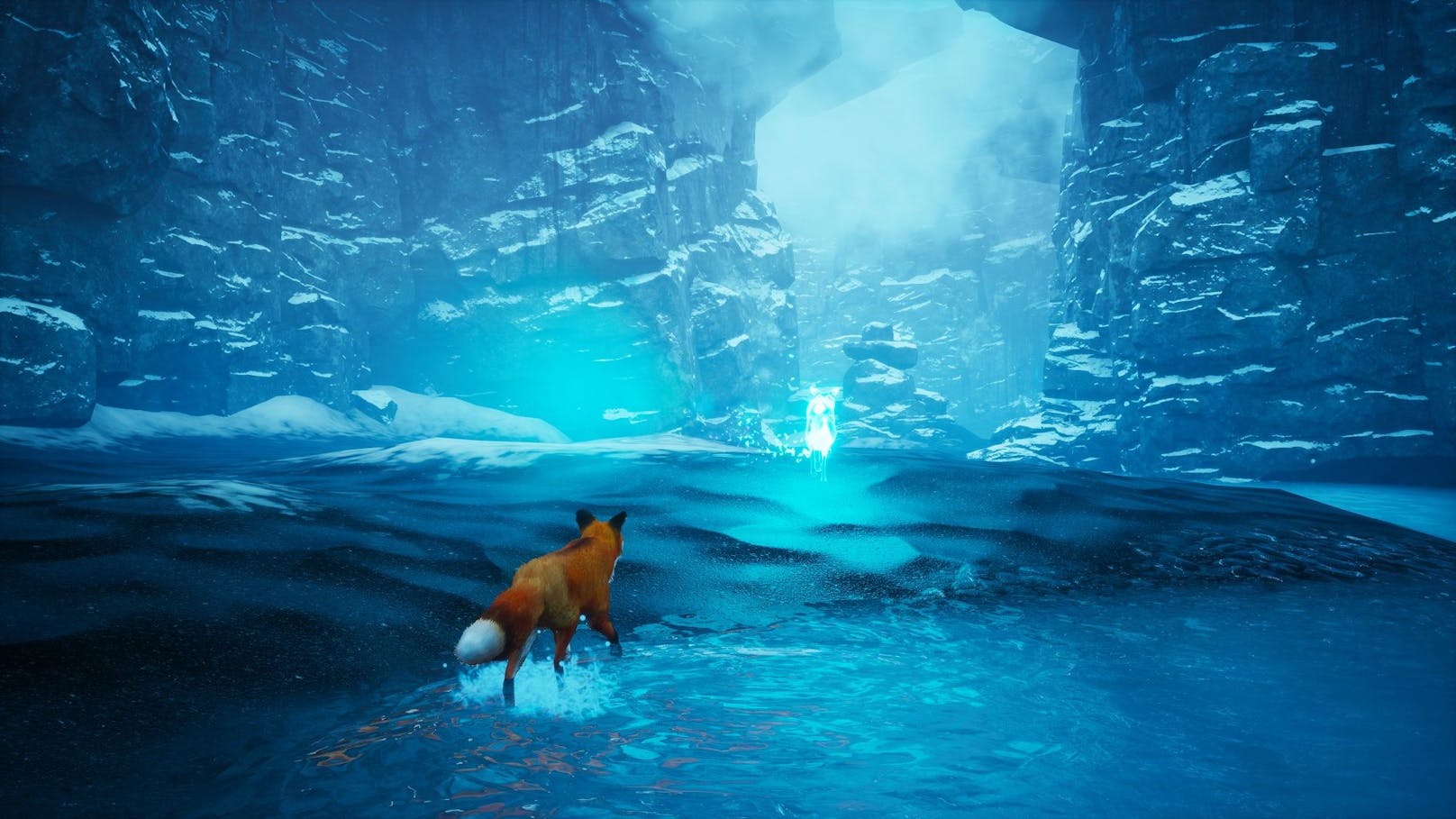 Stattdessen lenken wir einen Fuchs in der Third-Person-Perspektive durch eine Landschaft aus Eis, Schnee, Wasser sowie Felsen und treffen dabei immer mal wieder auf einen geisterhaften Artgenossen.