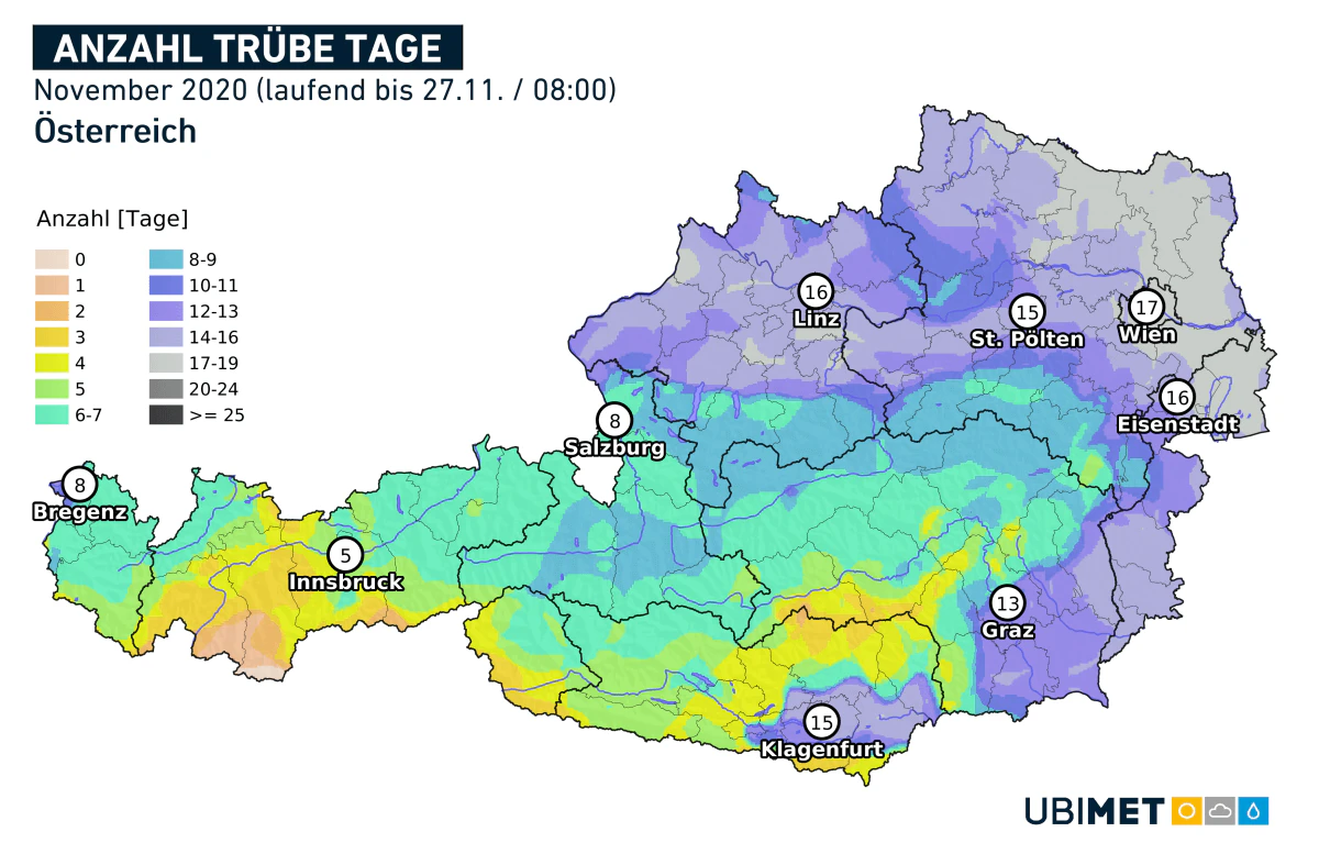 Die Anzahl der trüben Tage im November war im Donauraum und Osten besonders hoch