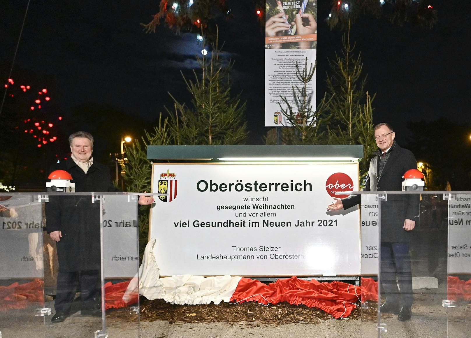 Bürgermeister Michael Ludwig (SPÖ) und Oberösterreichs Landeshauptmann Thomas Stelzer (ÖVP) schalteten am Samstag die Beleuchtung des Christbaums am Rathausplatz ein.