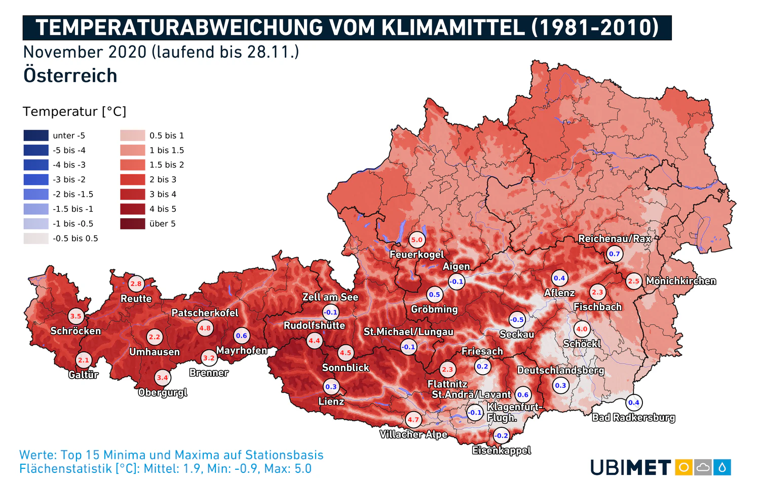 Temperaturabweichungen zum langjährigen Mittel von 1981-2010 im November 2020