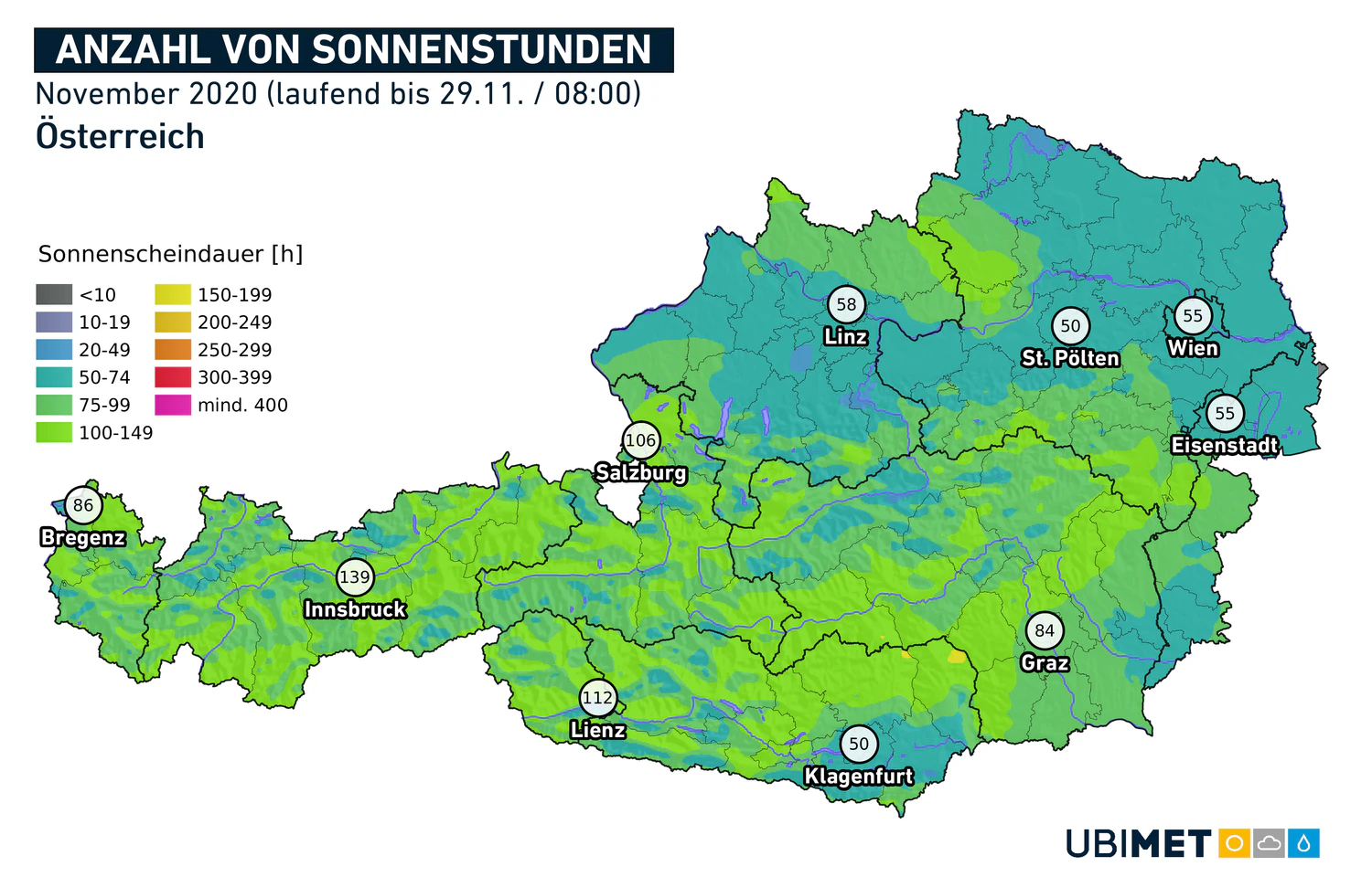Anzahl der Sonnenstunden im November 2020