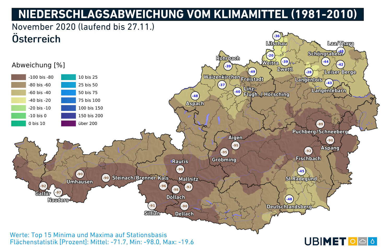 Niederschlagsabweichungen zum langjährigen Mittel von 1981-2010 im November 2020