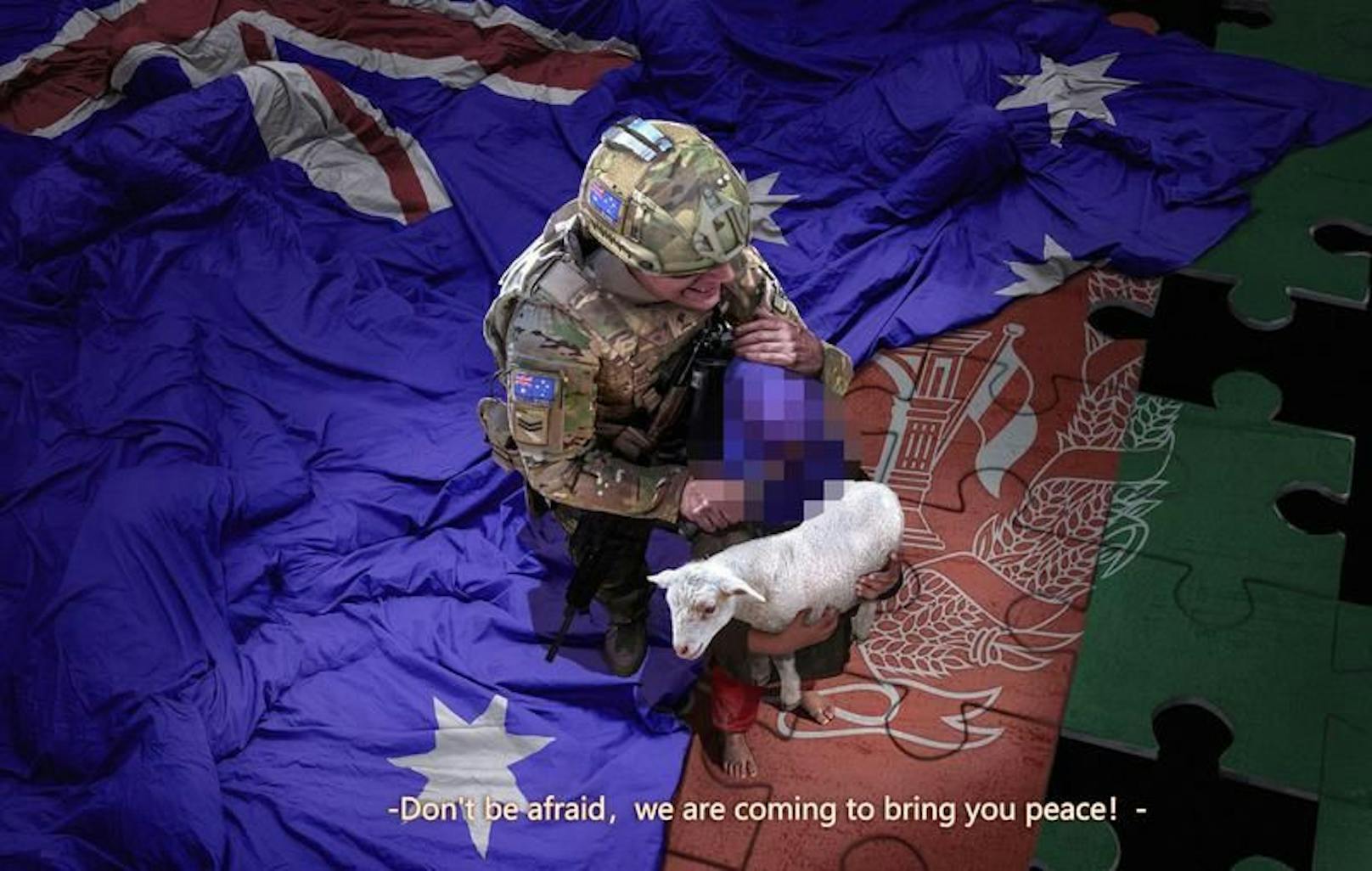 Dieses bearbeitete Bild (von der Redaktion zensiert) zeigt einen australischen Soldaten, der ein blutiges Messer an die Kehle eines Kindes hält. 