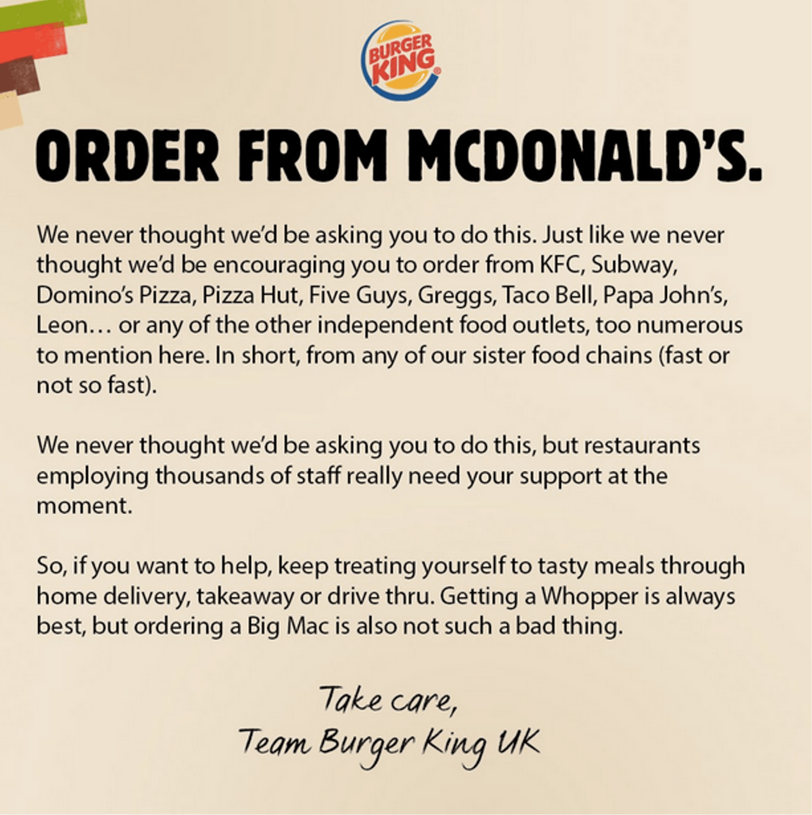 Auf Twitter schreibt Burger King, dass auch die Konkurrenten gutes Essen machen.