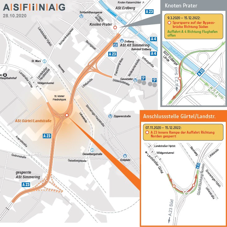 Ab Samstag ist nur mehr die äußere Auffahrt auf die A23 befahrbar.