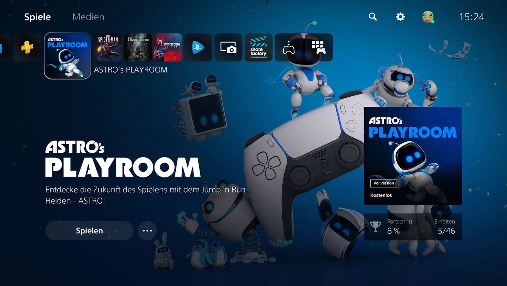 So sieht die neue Benutzeroberfläche aus. Bei der Auswahl des Spiels passt sich die Oberfläche an den jeweiligen Inhalt wie hier "Astro's Playroom" an.