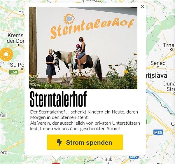 Mit einem Klick selbst produzierten Strom spenden und unterstützen.