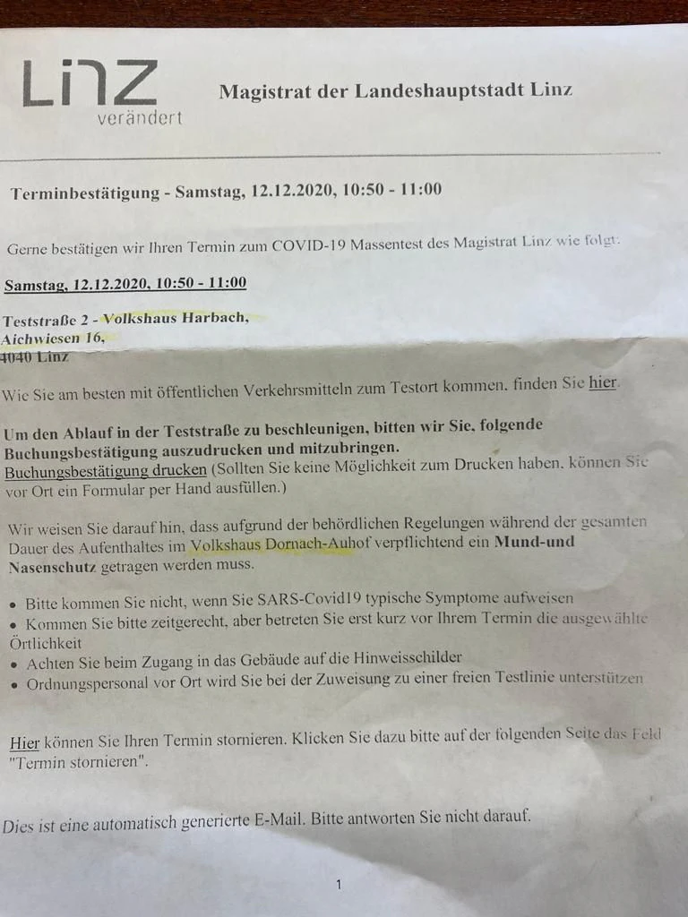 Diese Bestätigung erhielt eine Linzerin nach der elektronischen Anmeldung zum Massentest.