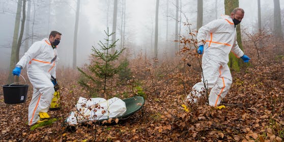 Afrikanische Schweinepest in Bayern: Mitarbeiter der Straßenmeisterei in Schutzanzügen trainieren die Entsorgung eines toten Wildschweins.