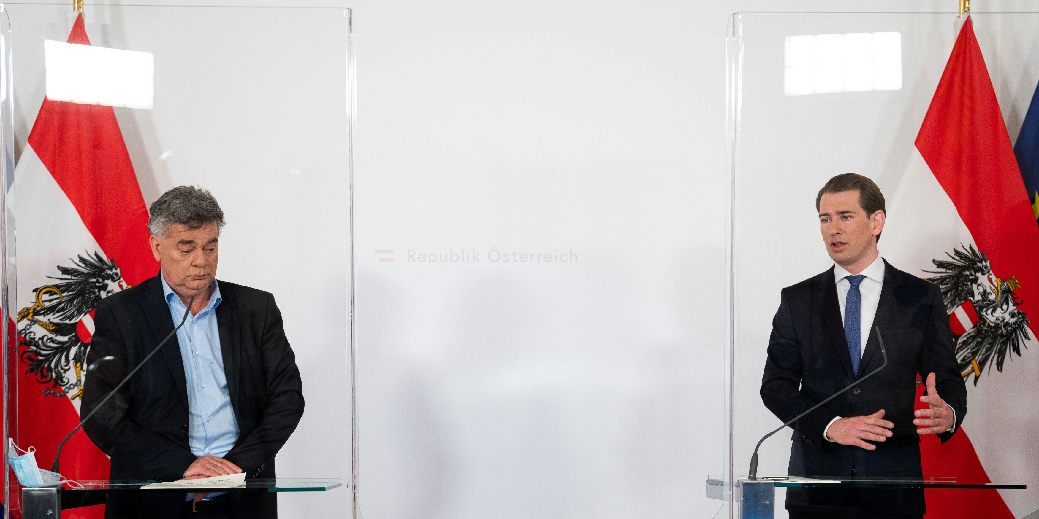 Bundeskanzler Sebastian Kurz (r.) und Vizekanzler Werner Kogler. 