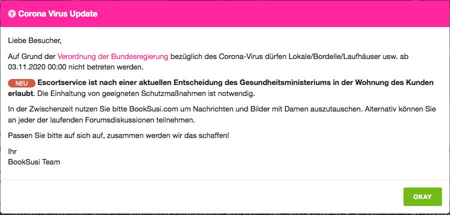 Corona-Hinweis auf einer der Escortservice-Seiten