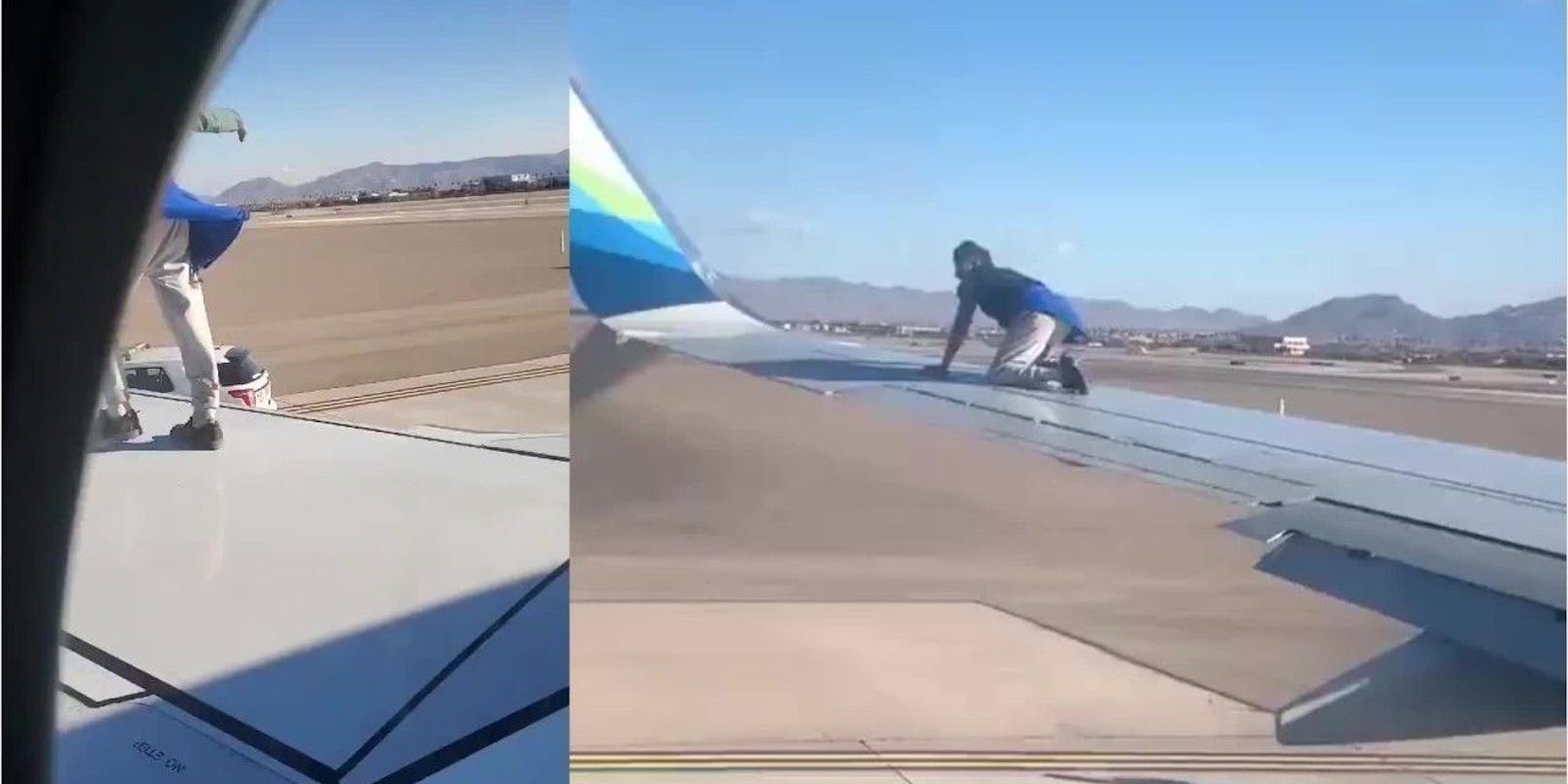 Der Mann kletterte auf den Flügel des Flugzeugs.