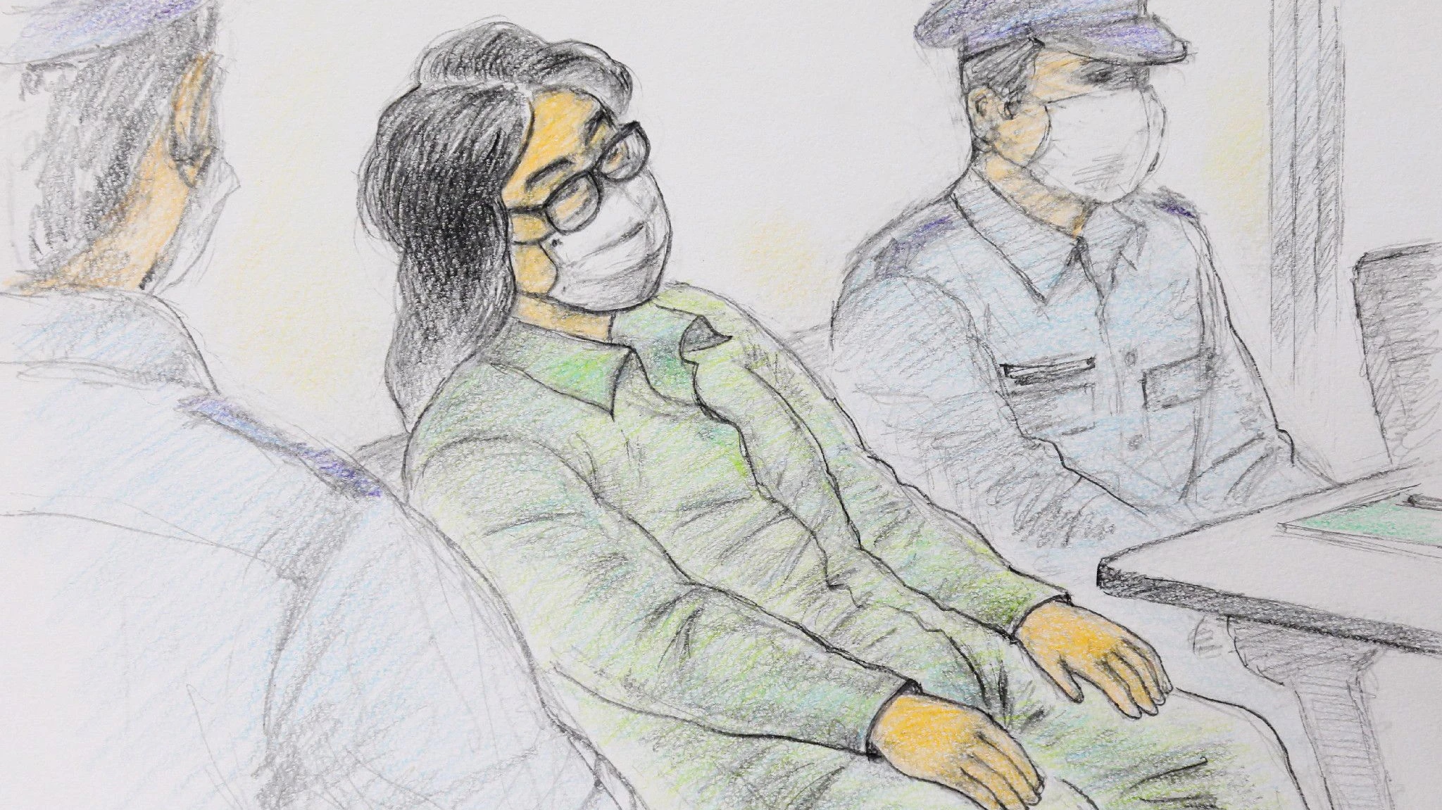Zeichnung von Takahiro Shiraishi vor Gericht.