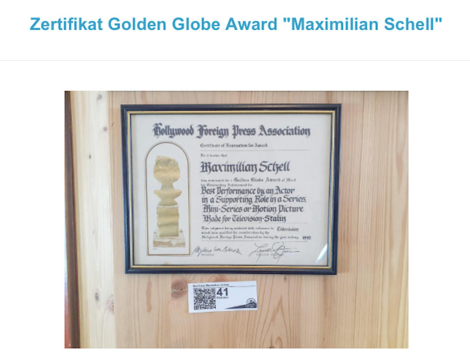 Ab 180 Euro: Zertifikat Golden Globe Award "Maximilian Schell"