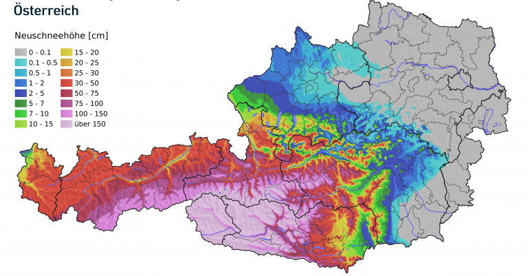 Neuschneemengen von Freitag bis Sonntag (4.-6.12.2020) in Österreich