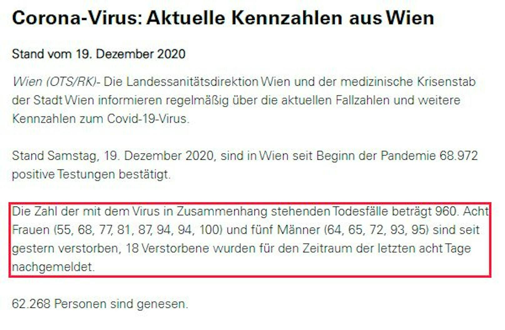 Am Samstag, 19. Dezember 2020, veröffentlichte die Stadt Wien noch das Alter zu den Todesfällen und gab somit einen Einblick in die Demografie der Virusopfer.