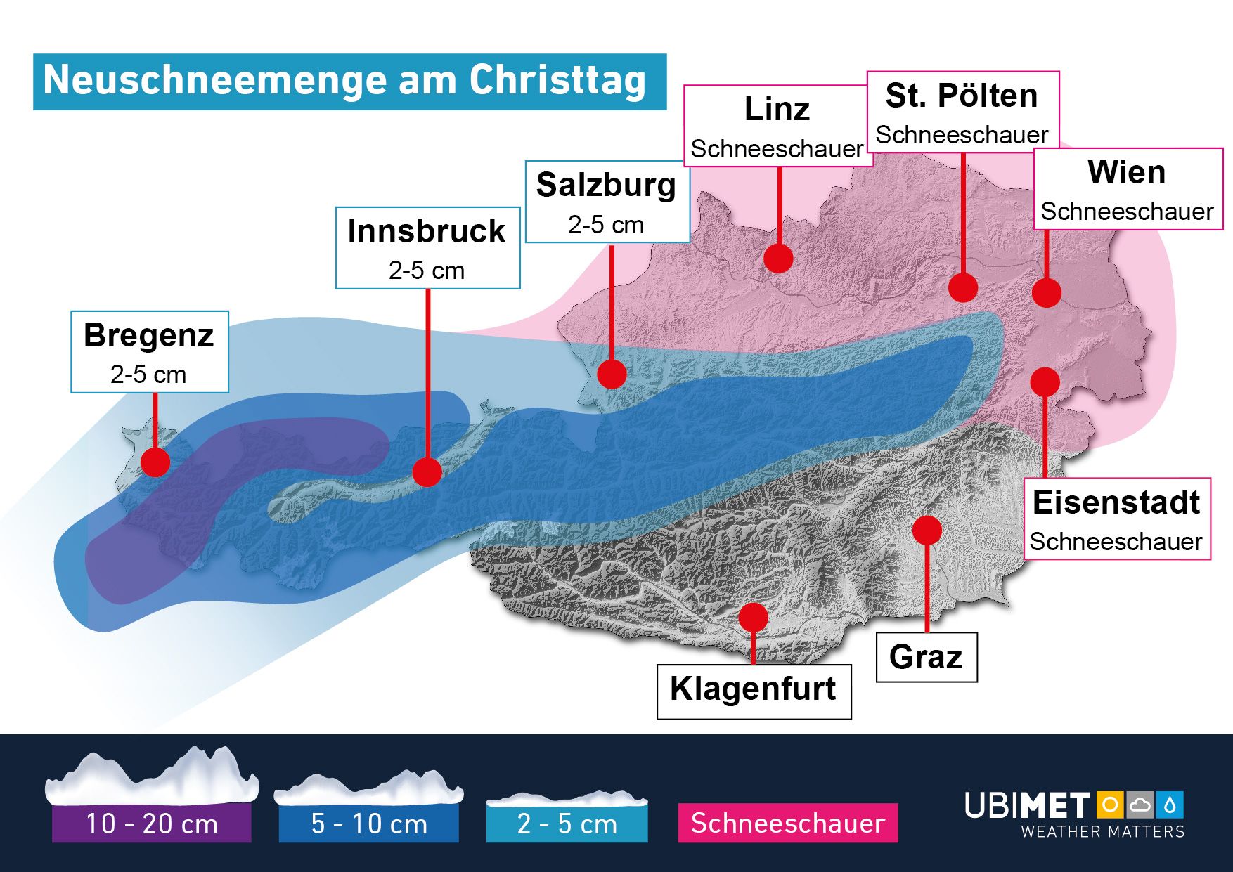 Prognistizierte Neuschneemengen am Christtag