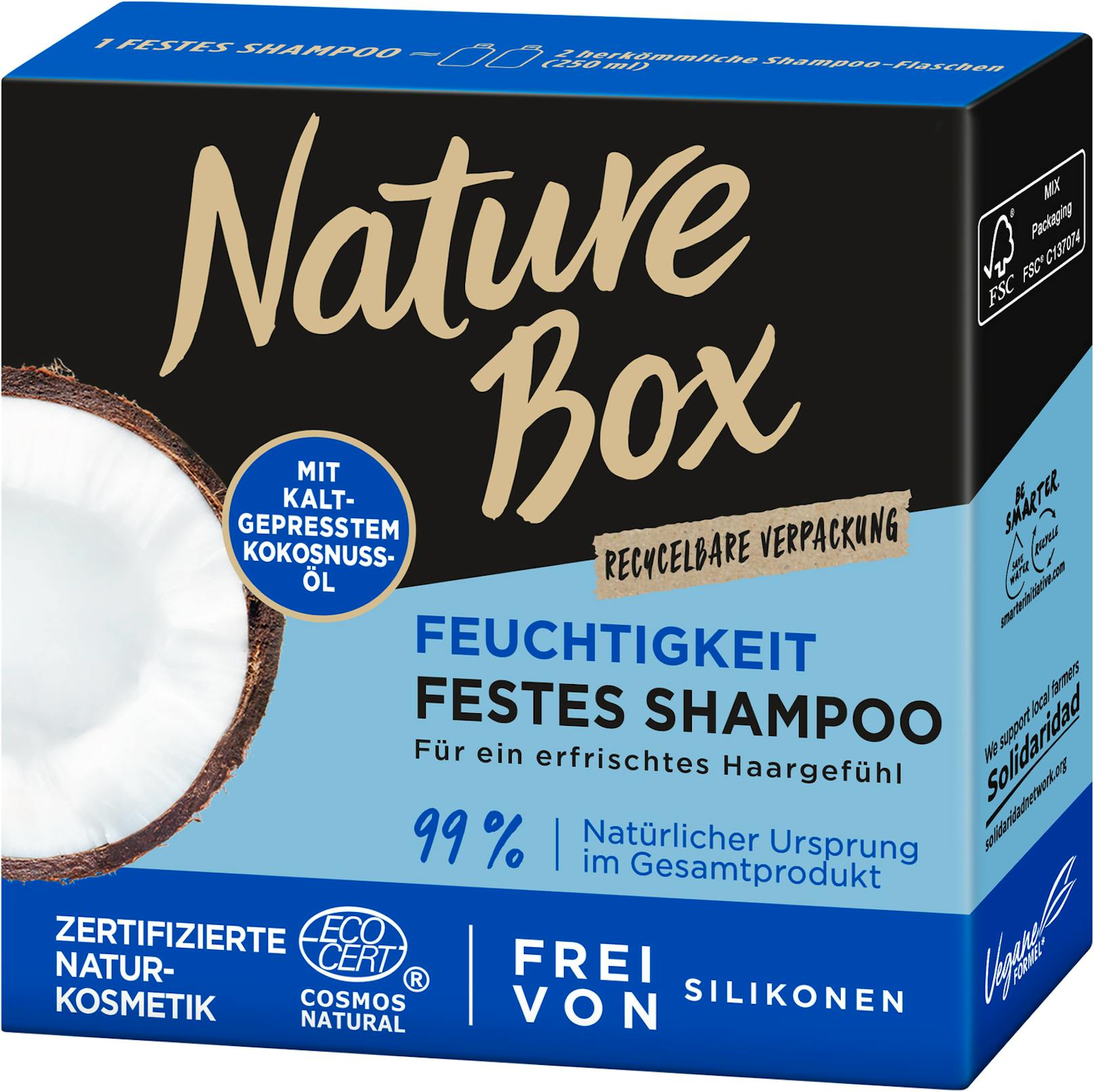 Gewinne jetzt ein Haarpflege-Set von Nature Box samt dem festen Shampoo mit kaltgepresstem Kokolnuss-Öl.
