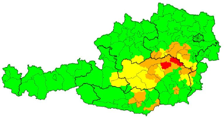 Rote Wetterwarnstufe am Dienstag in Österreich.
