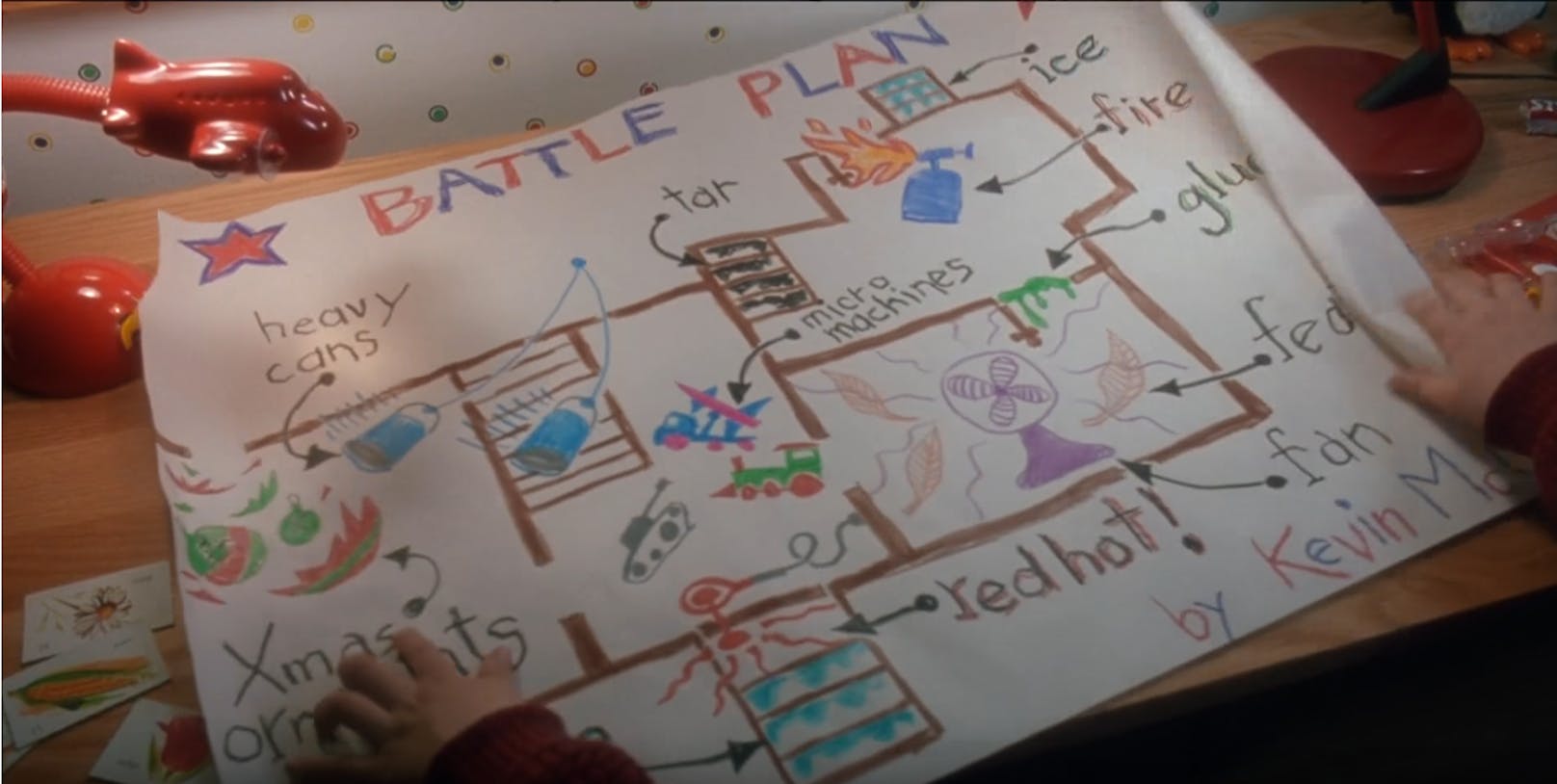 <strong>SCHLACHTPLAN.</strong> Kevins Lageplan mit all seinen fiesen Fallen wurde von Hauptdarsteller Macaulay Culkin selbst gemalt.<br>