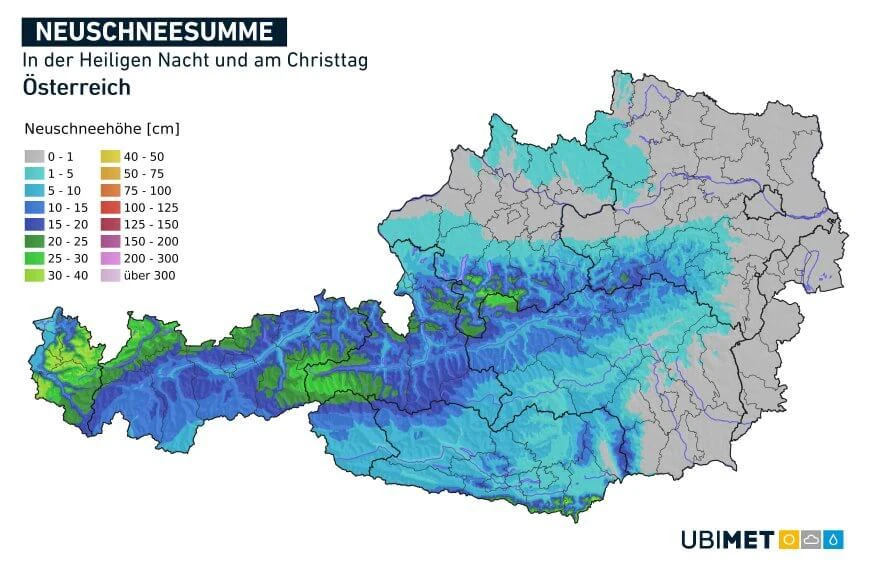 Prognostizierte Neuschneemenge in der Christnacht und zu Weihnachten