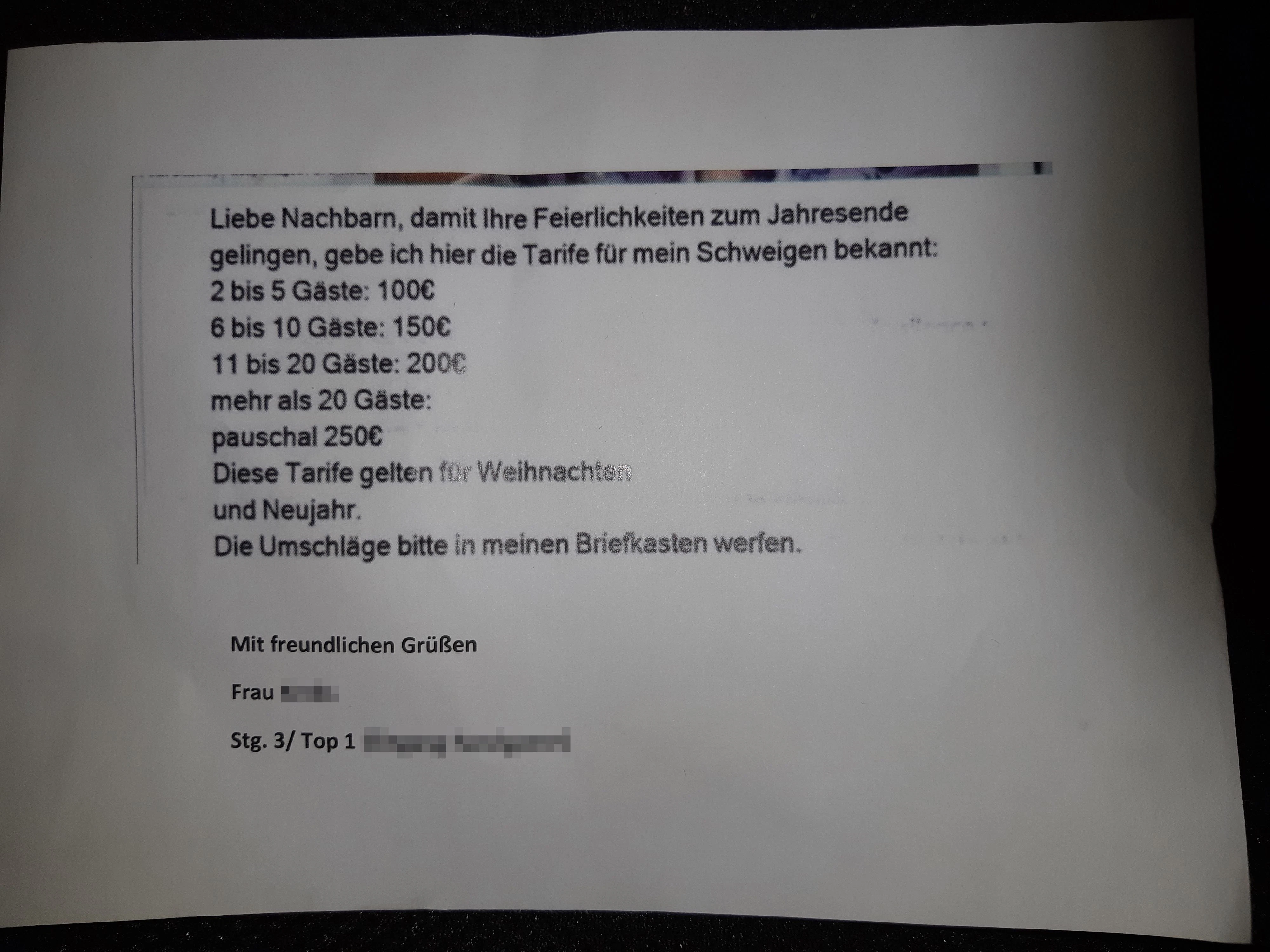 Der Penzinger Schweigegeld-Tarif 2020