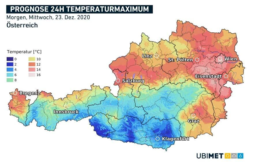 Vorhergesagte Höhcstwerte für den Mittwoch